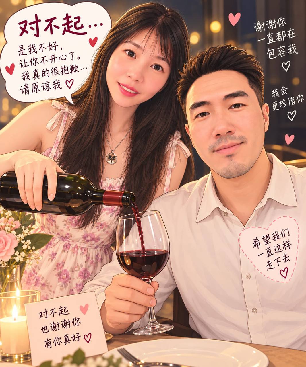 你提供的两人合影，原图上的道歉与珍惜的话语完整保留